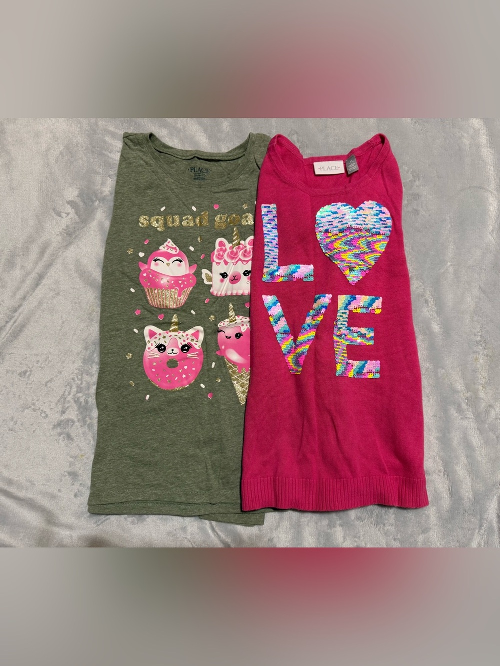Girls Pink Sequin LOVE Knit Top & Green Sweets Graphic Bundle